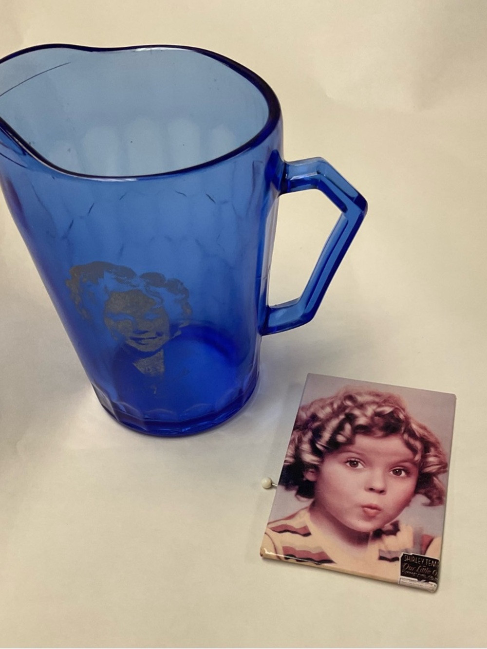 Vintage Blue Glass Shirley Temple Pitcher And Shirley Temple magnet
